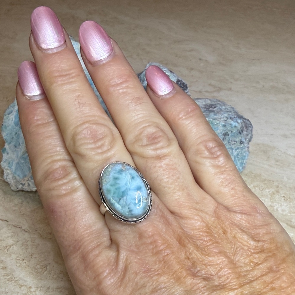 Beautiful Larimar Sterling Silver Ring Size 8